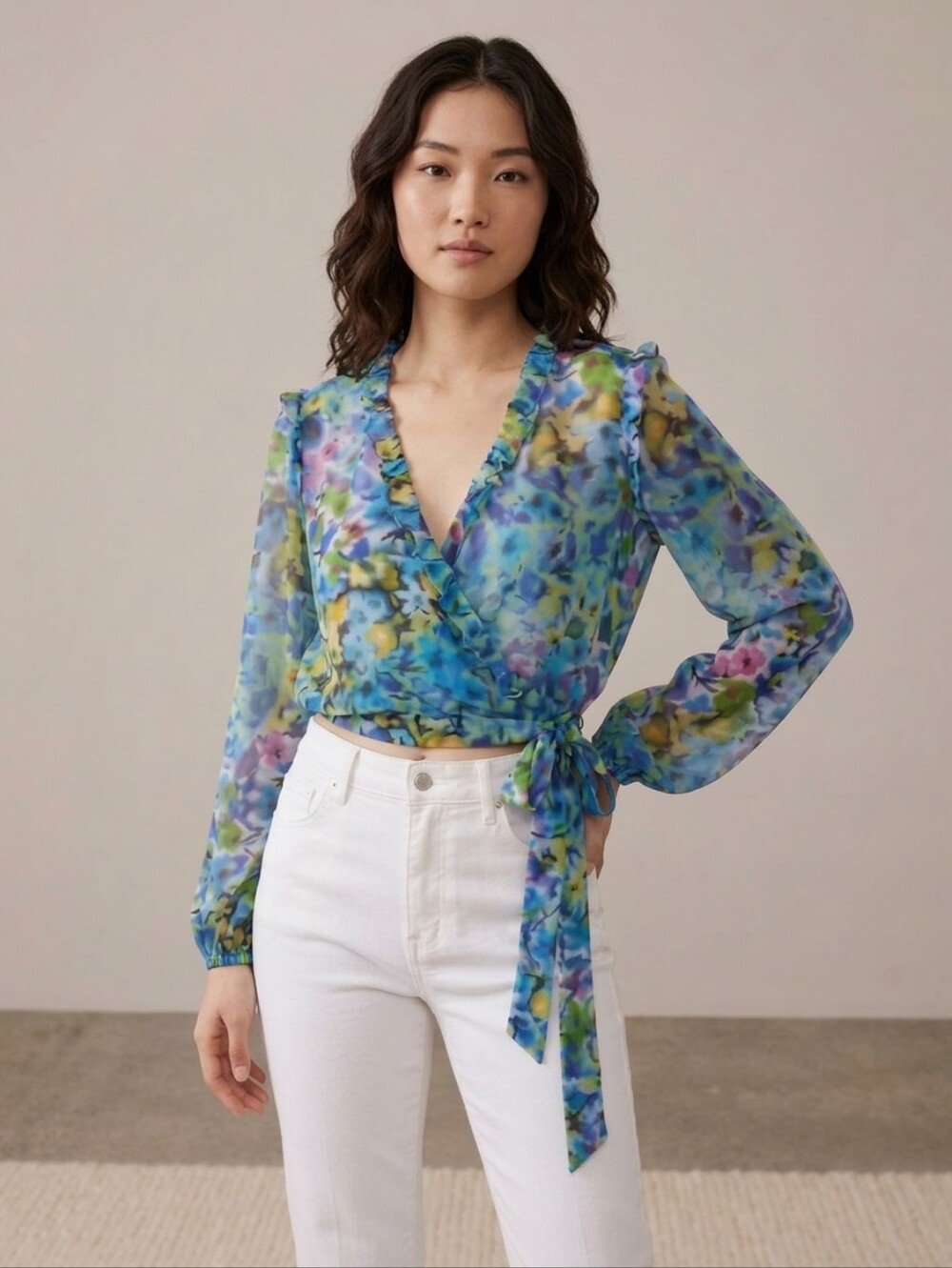 Zara Women's Floral Blue Tie-Waist Faux Wrap Ruffle Long Sleeves Blouse Medium
